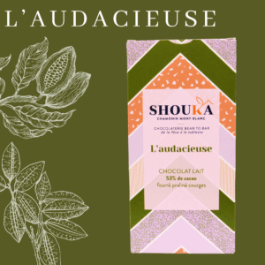 L’Audacieuse – Chocolat lait – 53% cacao – fourrée praliné courges<br><small class="productArchive-tag">CAMEROUN</small>